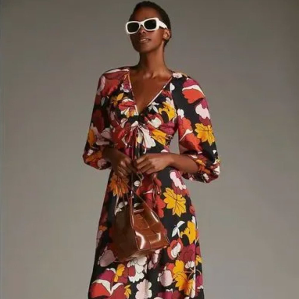 Anthropologie Maeve Deep-V Ruched Midi Dress